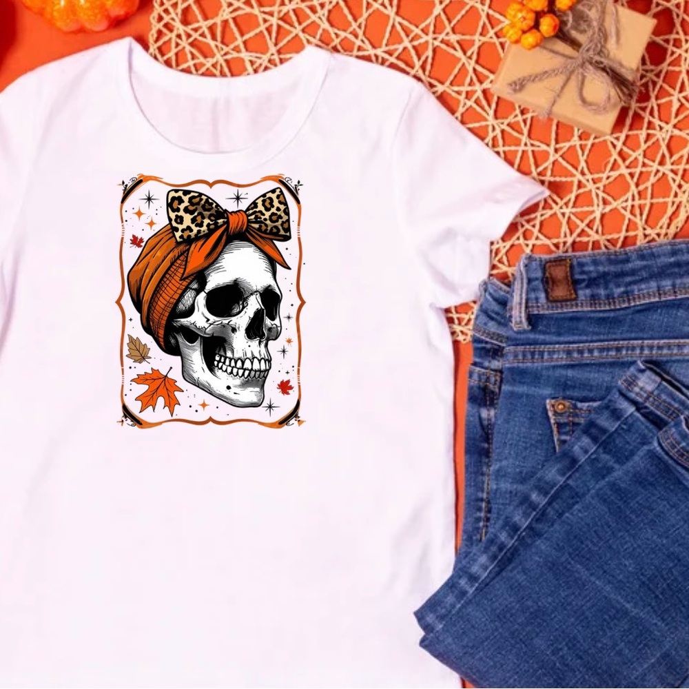 White T-Shirt with Skull and Leopard Print Design